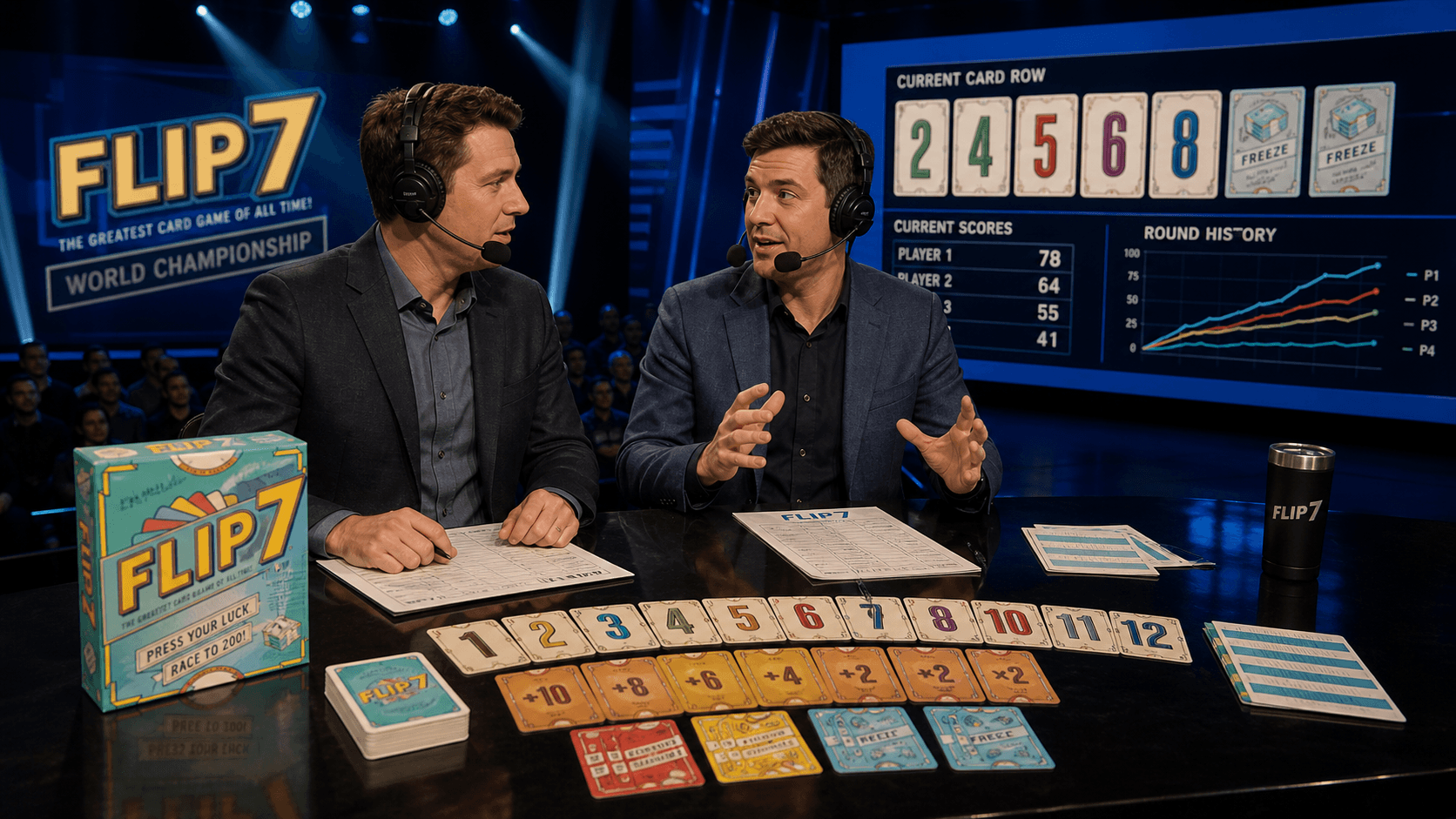 Analyst desk discussing Flip 7 card rows and score pressure.
