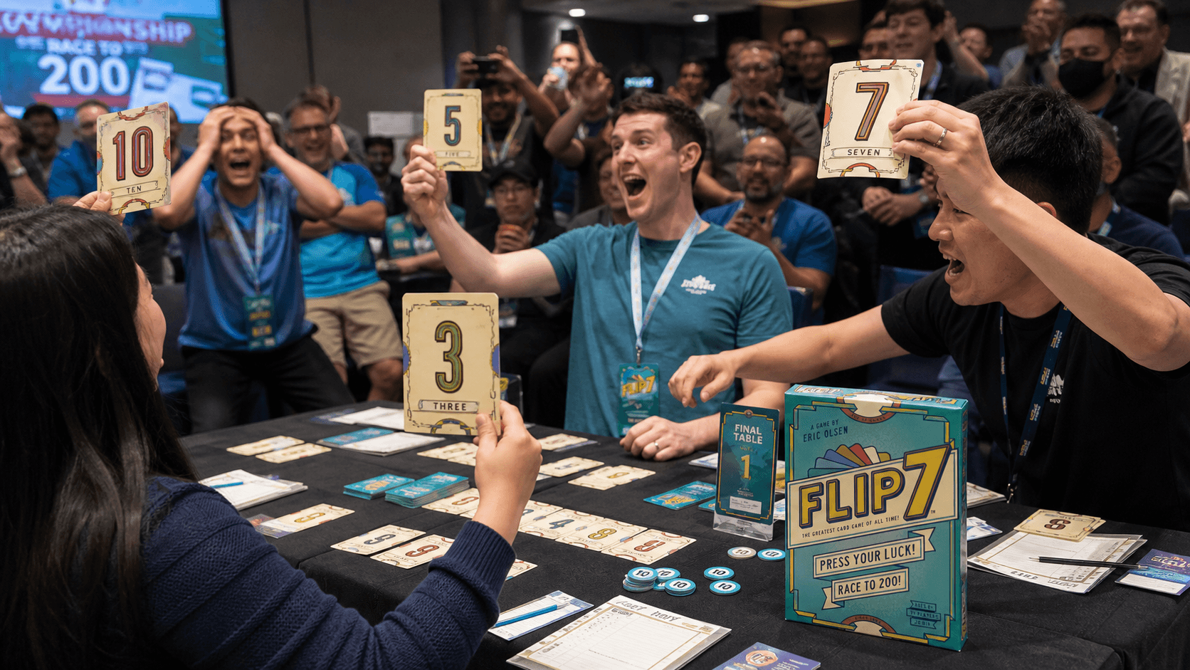 Championship table reacting to a decisive Flip 7 card reveal.