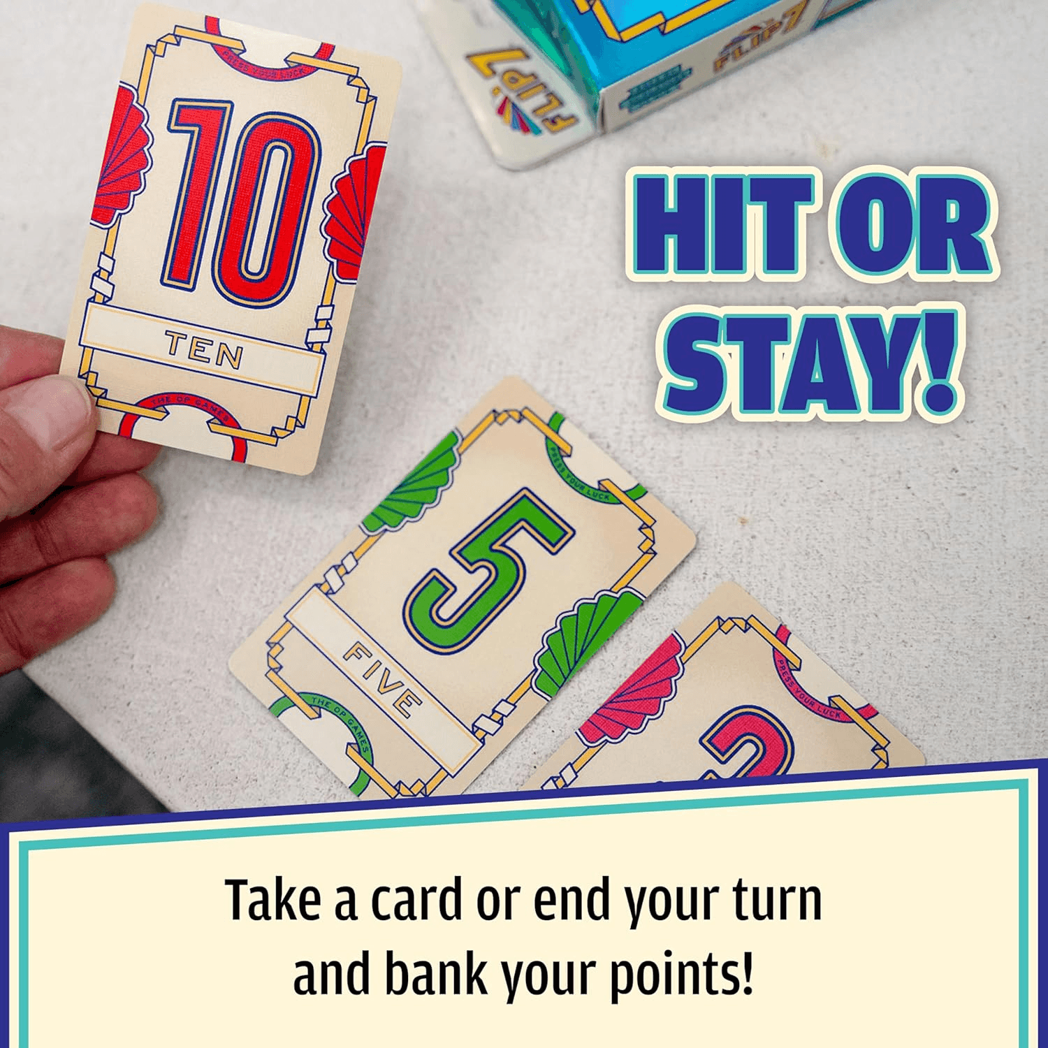 Flip 7 cards showing the central hit-or-stay decision.